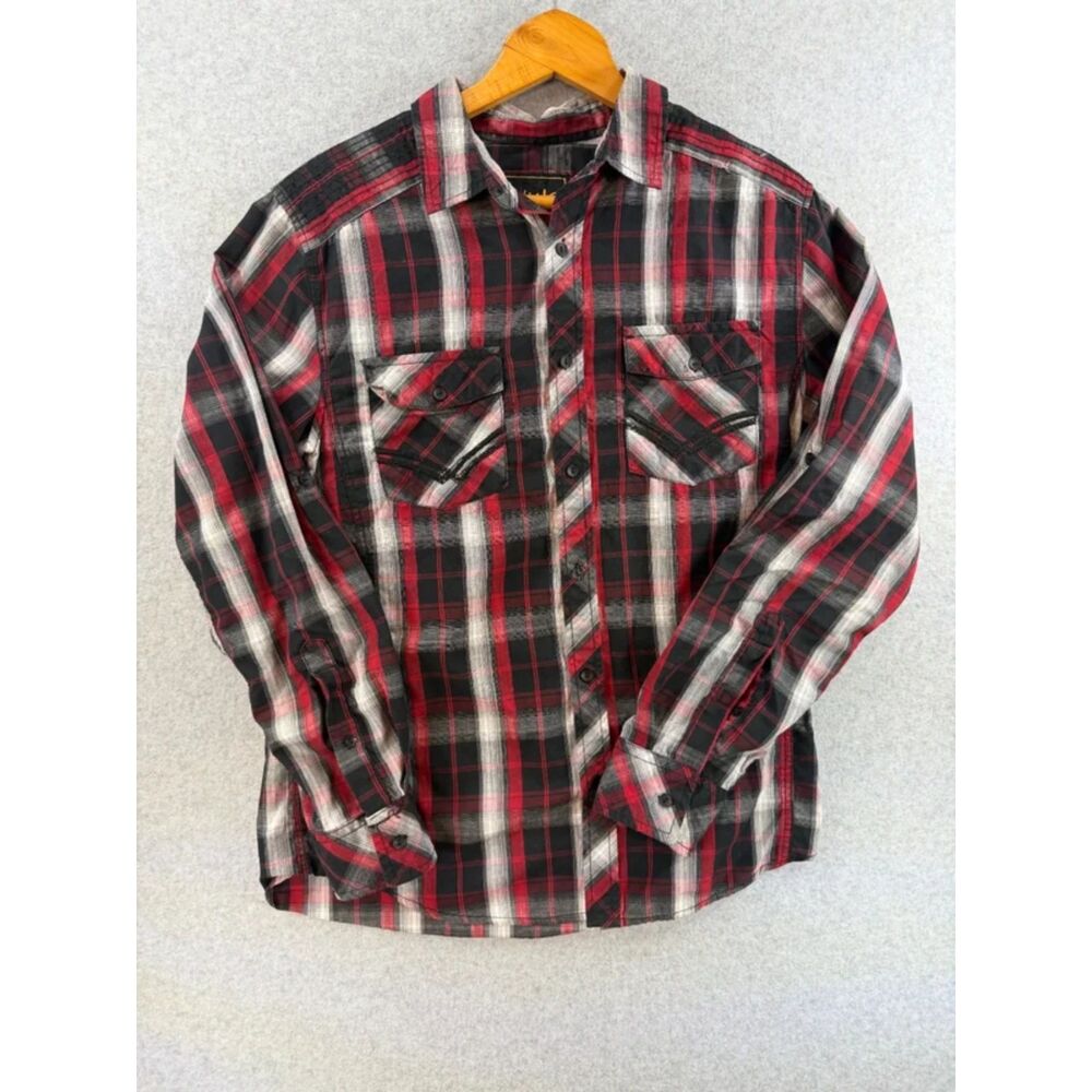CHALC Men's Plaid Button Up Shirt Red Black White Long Sleeve Size M 3405